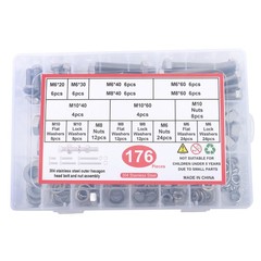 176 Pieces M6 M8 M10 Bolts and Nuts Flat Washers Combination Kit Stainless Steel