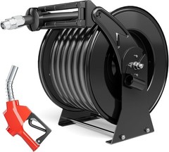 Fuel Hose Reel Retractable Diesel Hose Reel 1″ x 50′ Auto Fueling Nozzle, Black