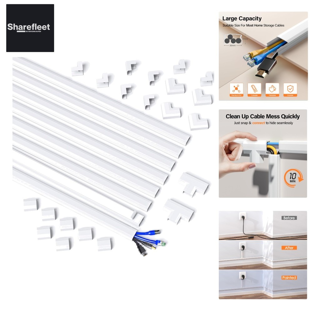 Mudeela Self Adhesive Cable Duct White, 8m PVC for Tidy and Safety