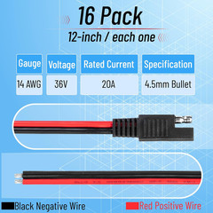 16 Pack SAE Connector 12 Inch 14 AWG Copper Wire 2 Pin Single Plug Connector