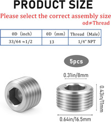 5 PCS 3/8″ NPT Male Pipe Plug Stainless Steel Pipe Plug Fitting Set Hex Counter