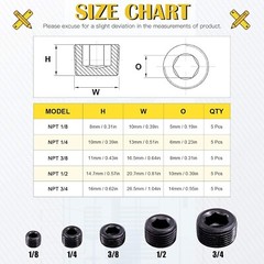 25Pcs NPT Plug Set Pipe Plug Assortment Kit 1/8″ 1/4″ 3/8″ 1/2″ 3/4″Carbon Steel