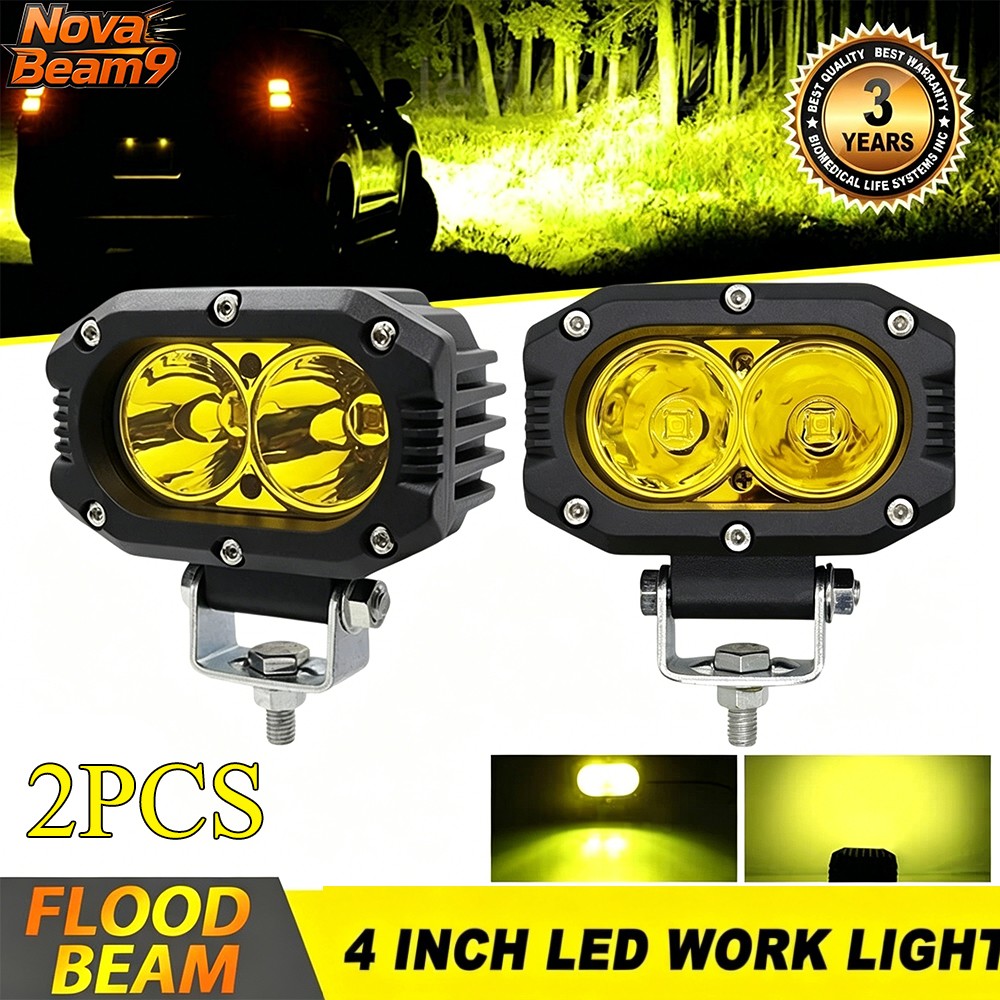4″ 180W Yellow LED Work Light Pods Flood Beam for ATV UTV Truck SUV Fog Driving