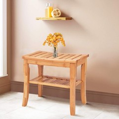Giantex Bamboo Shower Bench Seat Storage Shelf Shower Spa Chair Seat Bench