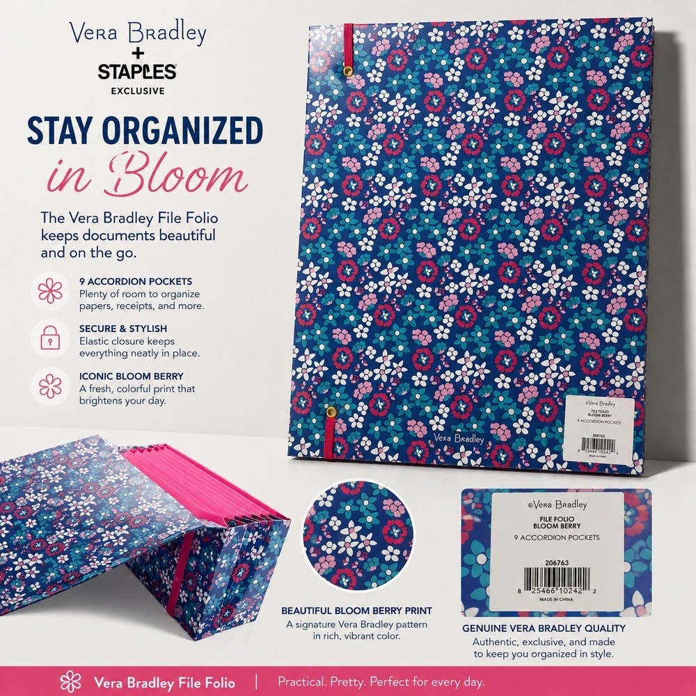 NEW Vera Bradley Staples Bloom Berry File Folio 9 Pocket Accordion Organizer