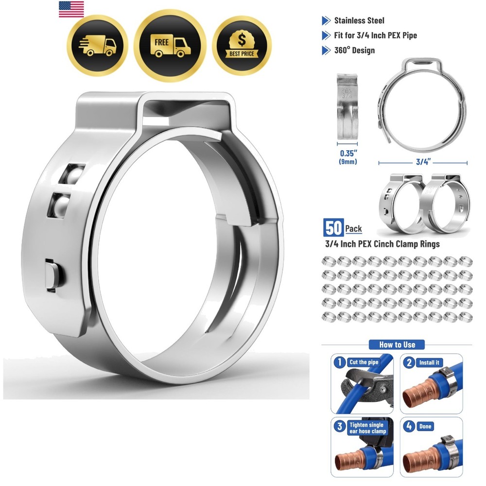 Bates- PEX Cinch Clamp Rings, 3/4″, “50 Pack, Stainless Steel, Pex Clamps