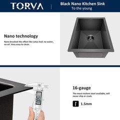 TORVA 14 x 14 Inch Gloss Black Undermount Kitchen 14 x 14 x 9 Inch, Dark Gray