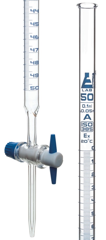 Borosilicate Burette, PTFE Stopcock, 50mL cap, 0.10mL grad, Class A