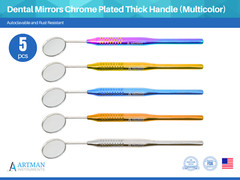 Dental Mirror Set of 5 Chrome Plated Thick Handle Tools (Multicolor) by ARTMAN