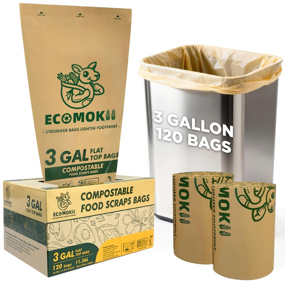Ecomokii Compostable Trash Bags 3 Gallon 120 Count Extra Thick 0.8 Mil Small