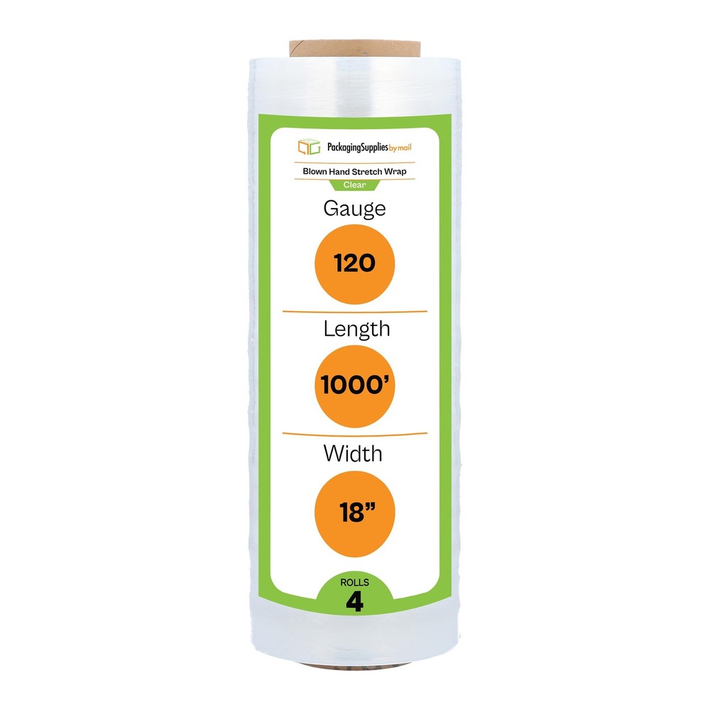 18″ x 1000′ 4 Rolls (120 Gauge) Blown Hand Stretch Film Shrink Wrap – Clear