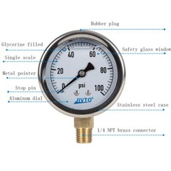 Liquid Pressure Gauge,2-1/2″ dial,0-100 psi ( single scale) ,1/4 NPT lower mount
