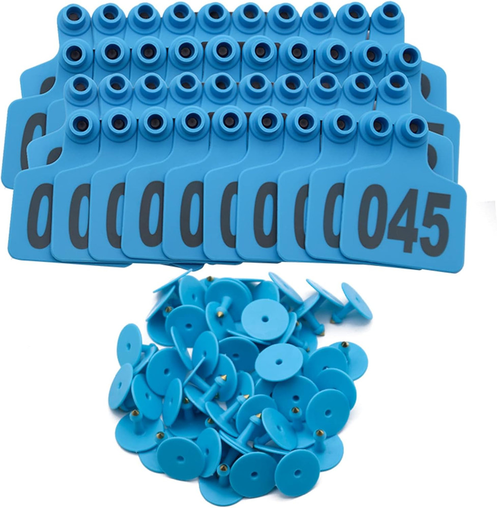 100 Plastic Cattle Ear Tags 001-100 for Livestock Identification (Blue)