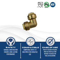 10 PIECES 1/2″ X 1/2″ PUSH FIT ELBOW FITTINGS – LEAD FREE BRASS, FULL PORT, NSF