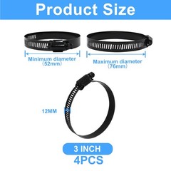 Litoexpe 3 Inch Stainless Steel Worm Gear Hose Clamp 4 Pcs, 3 Inch, Black