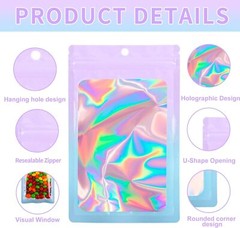 100 Holographic Mylar Foil Bags 4×6 in Smell Proof Resealable Zipper Pouch Food