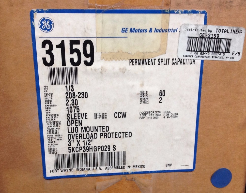 ~DiscountHVAC~MS-03159-GE PSC Motor 1/3HP 230V 2.3A 1075RPM 2SP 3″ X 1/2″