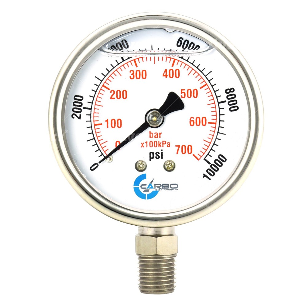 2-1/2″ Pressure Gauge, Stainless Steel Case, Liquid Filled, Lower Mnt 10000 PSI