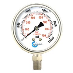 2-1/2″ Pressure Gauge, Stainless Steel Case, Liquid Filled, Lower Mnt 10000 PSI