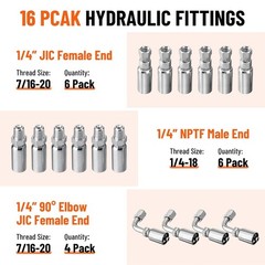 33FT Hydraulic Hose + 16 Fittings Straight & 90° 1/4″ JIC Female & 1/4 NPTF Male