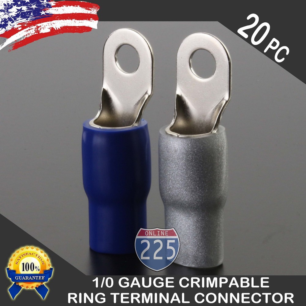 0 Gauge Platinum Ring Terminal 20 Pack 1/0 AWG Wire Crimp Blue Silver Boot 3/8″