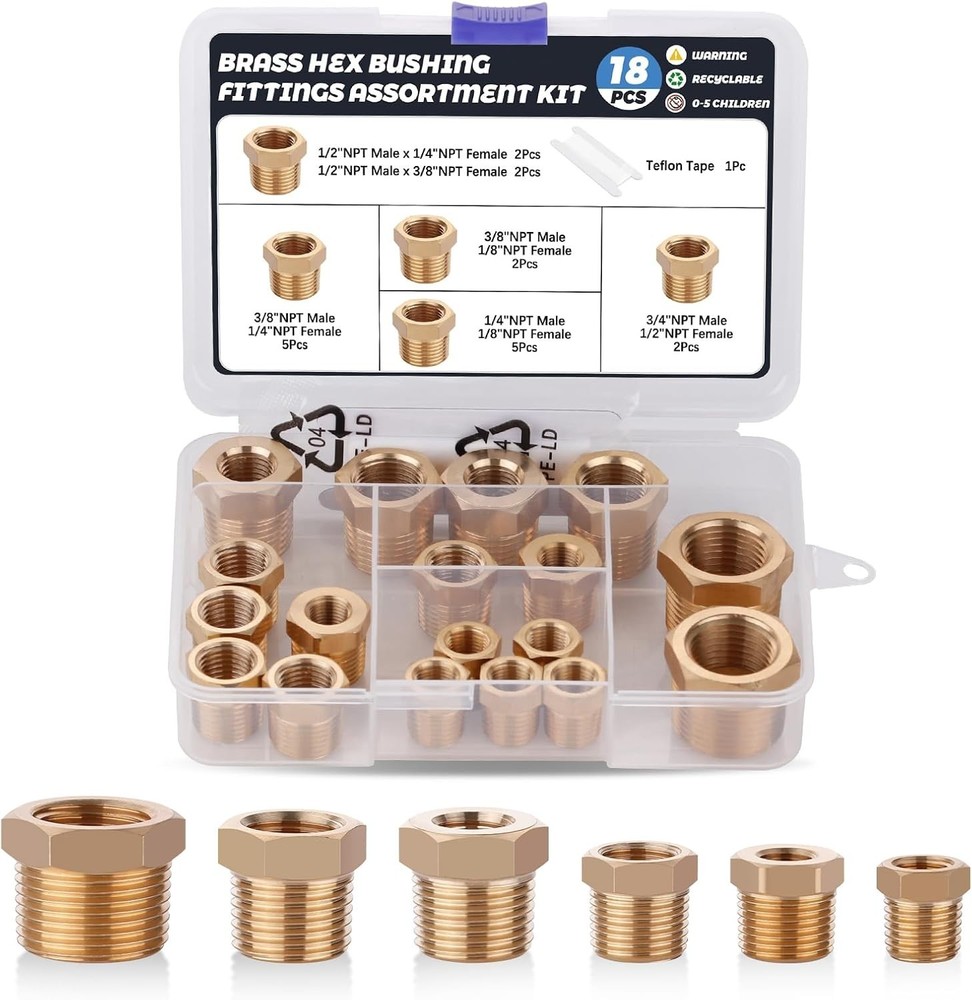 18PCS Brass Hex Bushing Reducer Set, NPT Pipe Fittings 1/8″–3/4″ Assortment