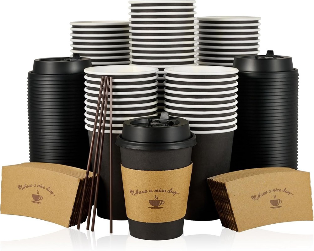 LITOPAK 100-Pack 16oz Black Disposable Coffee Cups w/Lids, Sleeves, Sticks