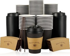 LITOPAK 100-Pack 16oz Black Disposable Coffee Cups w/Lids, Sleeves, Sticks