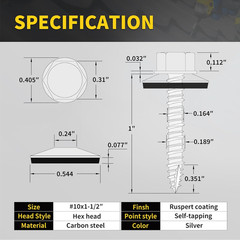 Metal Roofing Screws #10 X 1-1/2″, 300 PCS, RUSPERT Hex Head Rubber Washer Shee