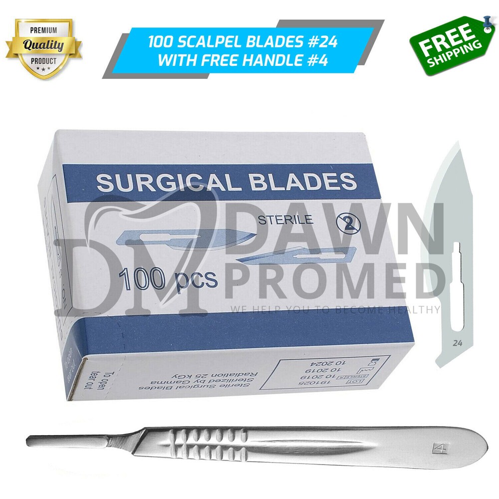 100 Sterile Surgical Blades #24 with Scalpel Handle #4 Medical ENT Dental