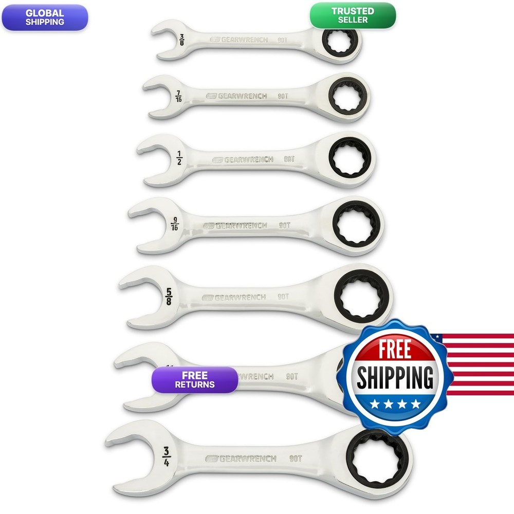 GEARWRENCH 7 Piece 90-Tooth 12 Point Stubby Combination Ratcheting Wrench SAE