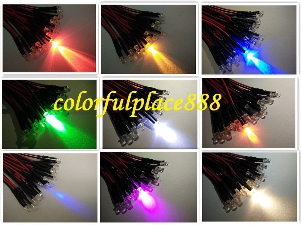 3mm 12V – 16V Pre-Wired Red Yellow Blue Green Warm White Orange UV Pink LED 20CM