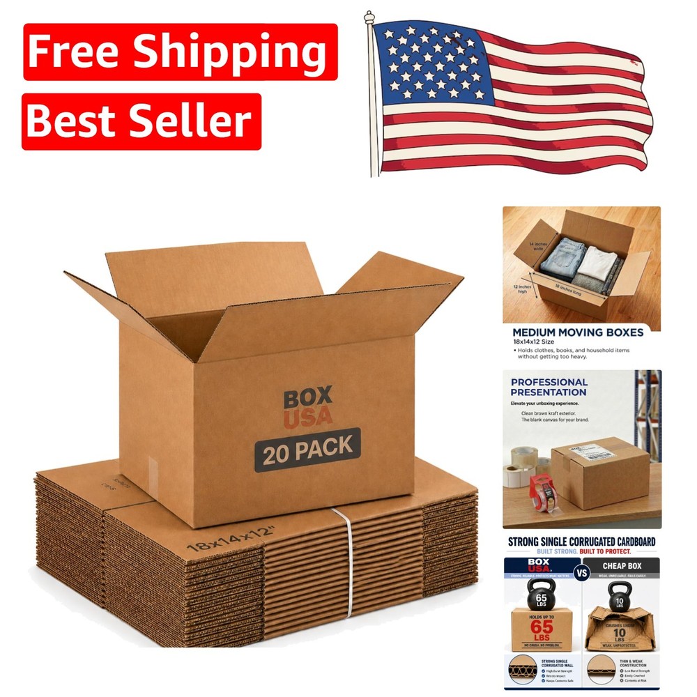 Pack of 20 Medium Corrugated Moving Boxes – 65lbs Capacity 18″L x 14″W x 12″H