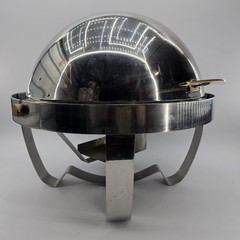Vintage Chrome Round Roll Top Full Size 20” Chafer Chafing Dish Brass Handle