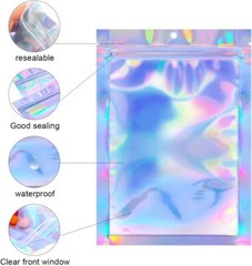 100/200 Resealable Holographic Mylar Foil Bags Zip Lock Pouch Clear Front 3 Size