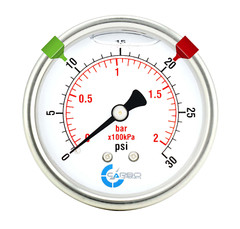 2-1/2″ Pressure Gauge, Stainless Steel Case, Liquid Filled, Back Mnt 0-30 PSI