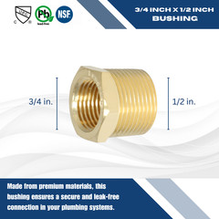 1) 3/4″ MALE X FEMALE 1/2″ NPT PIPE THREAD HEX REDUCER BUSHING – LEAD FREE BRASS