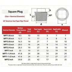 Carbon Steel External Square Head Pipe Plug Zinc Plated Thread Oil Stop Plug