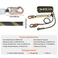 Vertical Lifeline Assembly 50ft Fall Protection Polyester Rope 30 KN ANSI