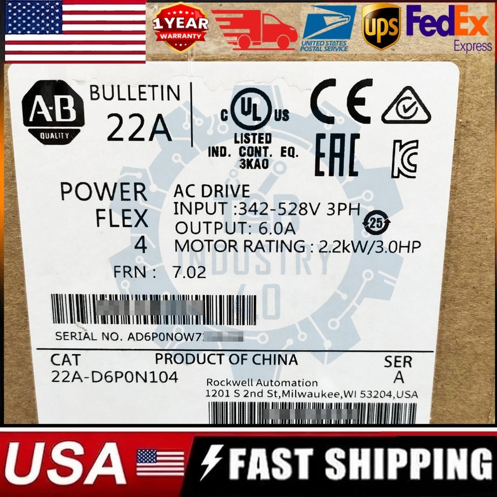 New AB 22A-D6P0N104 PowerFlex 4 2.2 kW 3 Hp AC Drive 22A-D6P0N104 US Free Tax