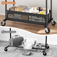 Clothes Rack, Double Rod, 210 LBS, Storage Basket, Black | Rolling Garment Ra…