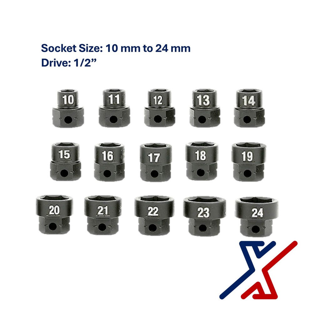 15 pc Nano Socket / Stuby Socket Set (10mm – 24mm) x 1/2″ Drive by X1 Tools