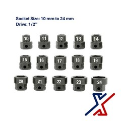 15 pc Nano Socket / Stuby Socket Set (10mm – 24mm) x 1/2″ Drive by X1 Tools