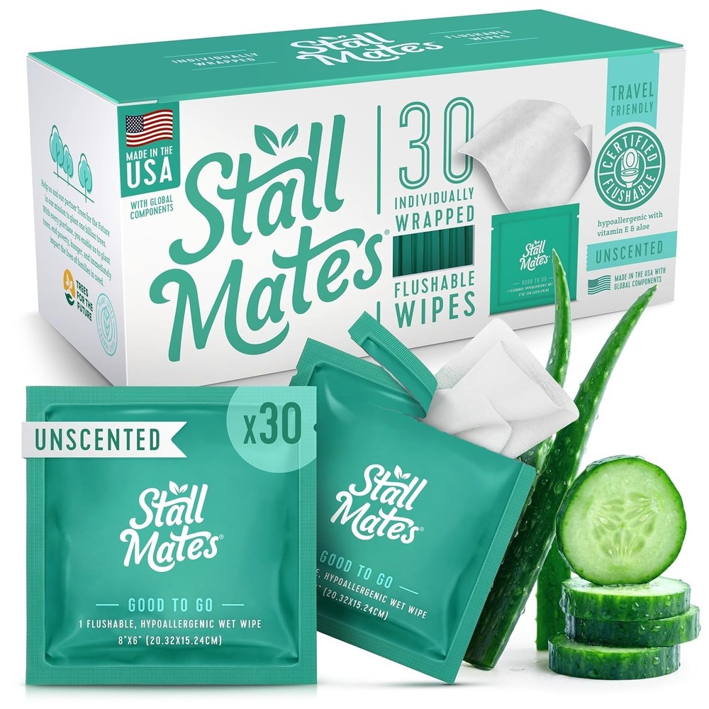 Stall Mates Wipes – Flushable Wipes | Individually Wrapped (30) Travel Friendly