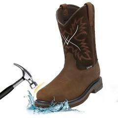 NINGO Men Steel Toe Waterproof Work Boots Leather Square Toe Western Cowboy Boot