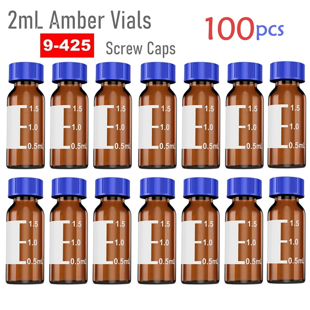 100pcs 2ml Glass Vial Amber Lab Vial Autosampler Vial 9-425 HPLC with Screw Caps