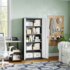 Metal Garage Cabinet Lock Adjustable Shelves Steel Tool Storage Gray White 72in