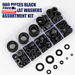 900-Piece Nylon Flat Washer Assortment Kit Black Plastic Flat Washers for Bolts