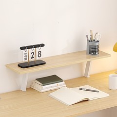 1pc White Wooden Floating Desk Shelf – Rectangular No-Drill Countertop Organizer