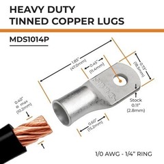 10pcs 1/0 AWG 1/4 Stud Tinned Copper Lugs Heavy Duty Battery Cable Ends 0 Gauge